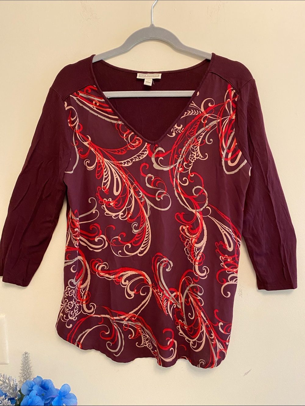 Dana Buchman Burgundy V-Neck Long Sleeve Top with Red Scroll Print